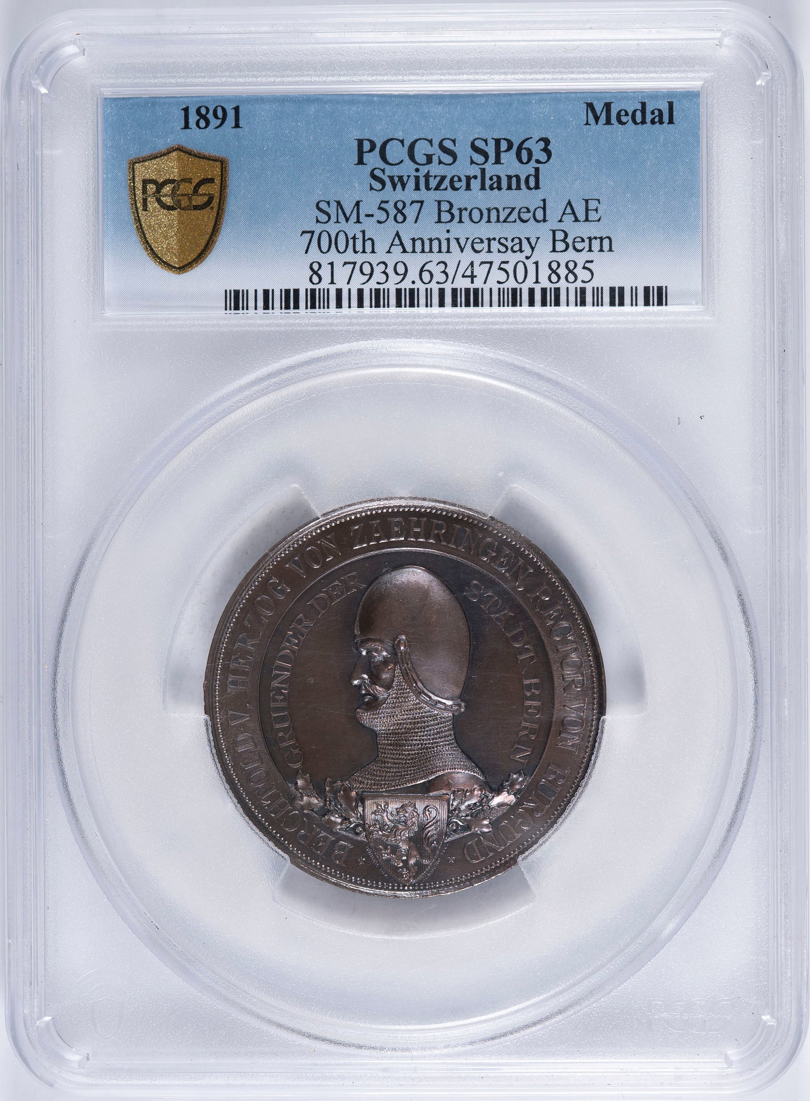 PCGS SP-63 1891 Swiss 700th Anniversary Medal: SM-587. Bronzed copper. Wonderful quality with mirrored surfaces. Housed in an oversized PCGS holder.