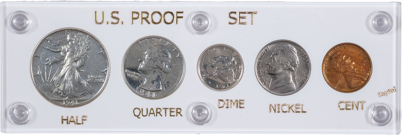 Gem 1941 Proof Set: Five lustrous beauties, the cent with light toning. In a custom Lucite holder.