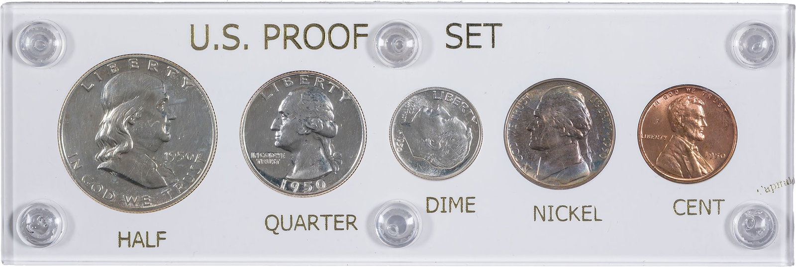 Gem 1950 Proof Set: Satiny half dollar, light toning on the nickel.