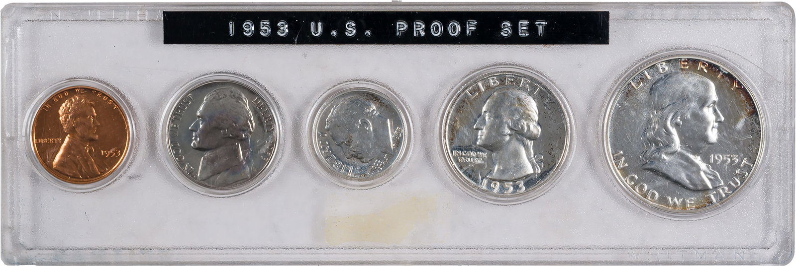 Gem 1953 Proof Set: All brilliant, the cent beginning to tone. In a custom Lucite holder.