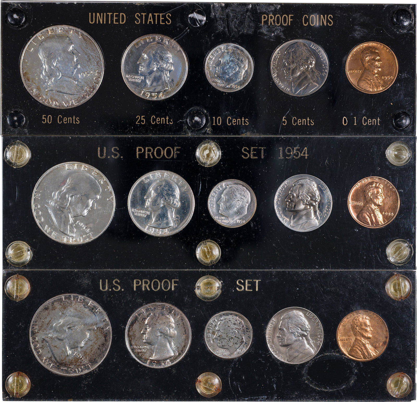 Trio of Five-Piece 1954 Proof Sets: All bright and lustrous, a few silver pieces toned. All in custom Lucite holders. (Total: 3 sets)