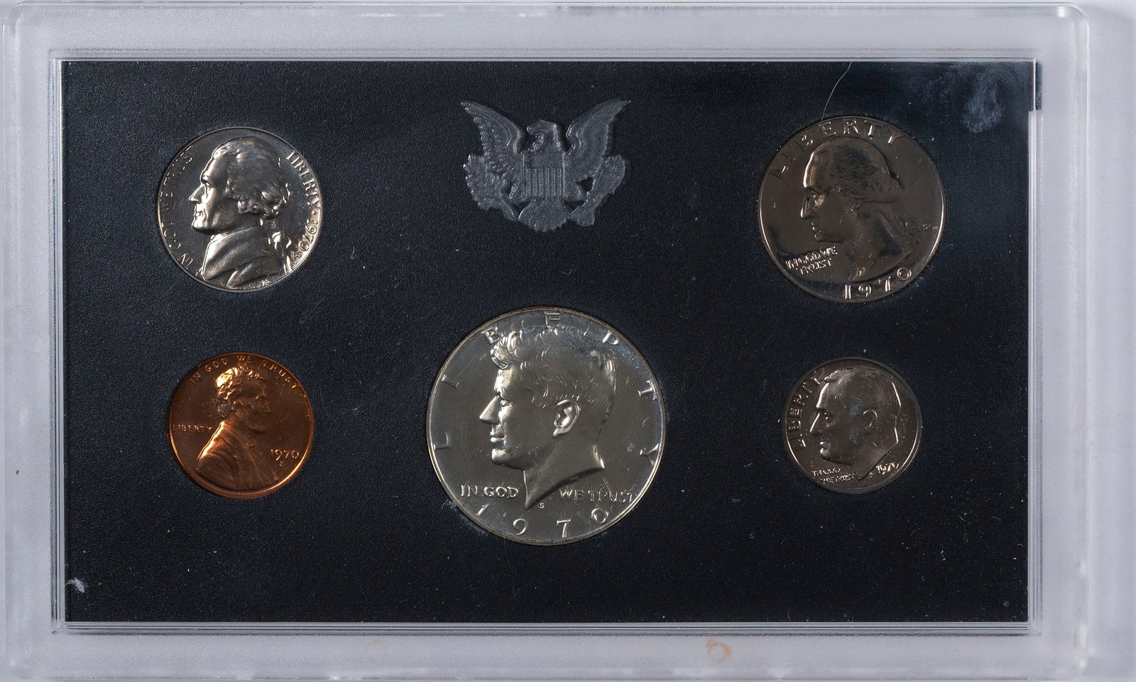 Gem Proof 1970 No S Dime Proof Set: An elusive and popular rarity among Proof coin aficionados. As struck and free of toning.