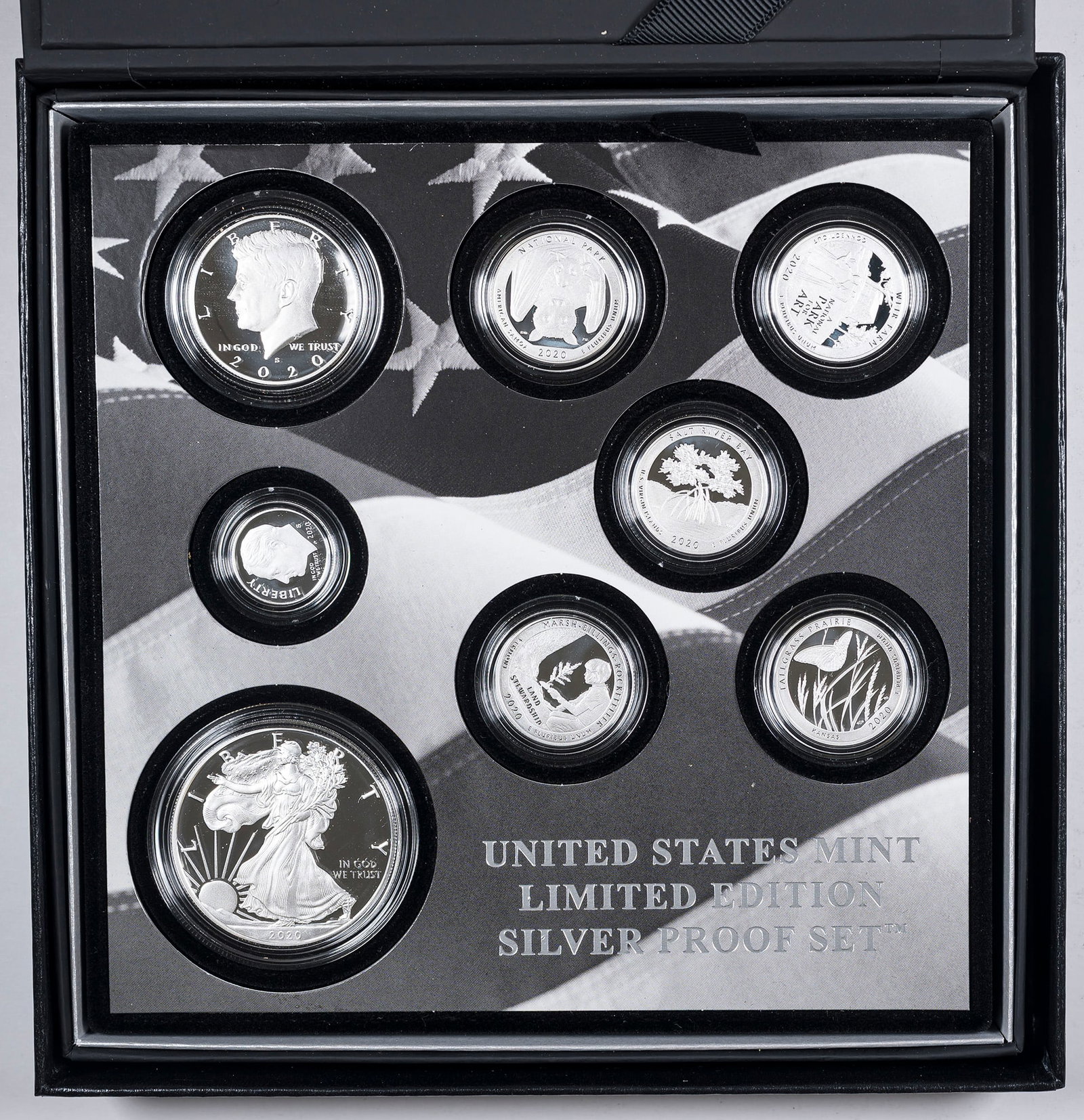 2020 Limited Edition Proof Set: Includes silver 2020 proof examples of a dime, (5) quarters, half dollar and silver eagle. Housed in OGP.