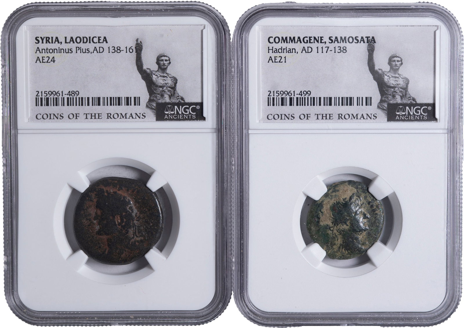 Pair Of NGC Certified Ancient Coppers: Includes Commagene, Samosata. Hadrian AD-117-138 AE-21 and Syria, Laodicea Antoninius AD 138-16 AE-24. Neither has been assigned a grade by NGC, but both are in as normally seen circulated condition.