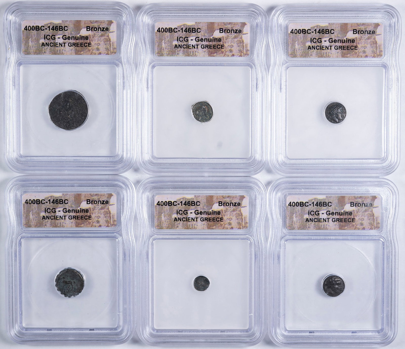 Ancient Greece. Lot Of 6 400BC-146 BC Coppers: Generally small prutah size in as normally seen condition. Each has been certified as genuine by ICG.(Total: 6 pcs)