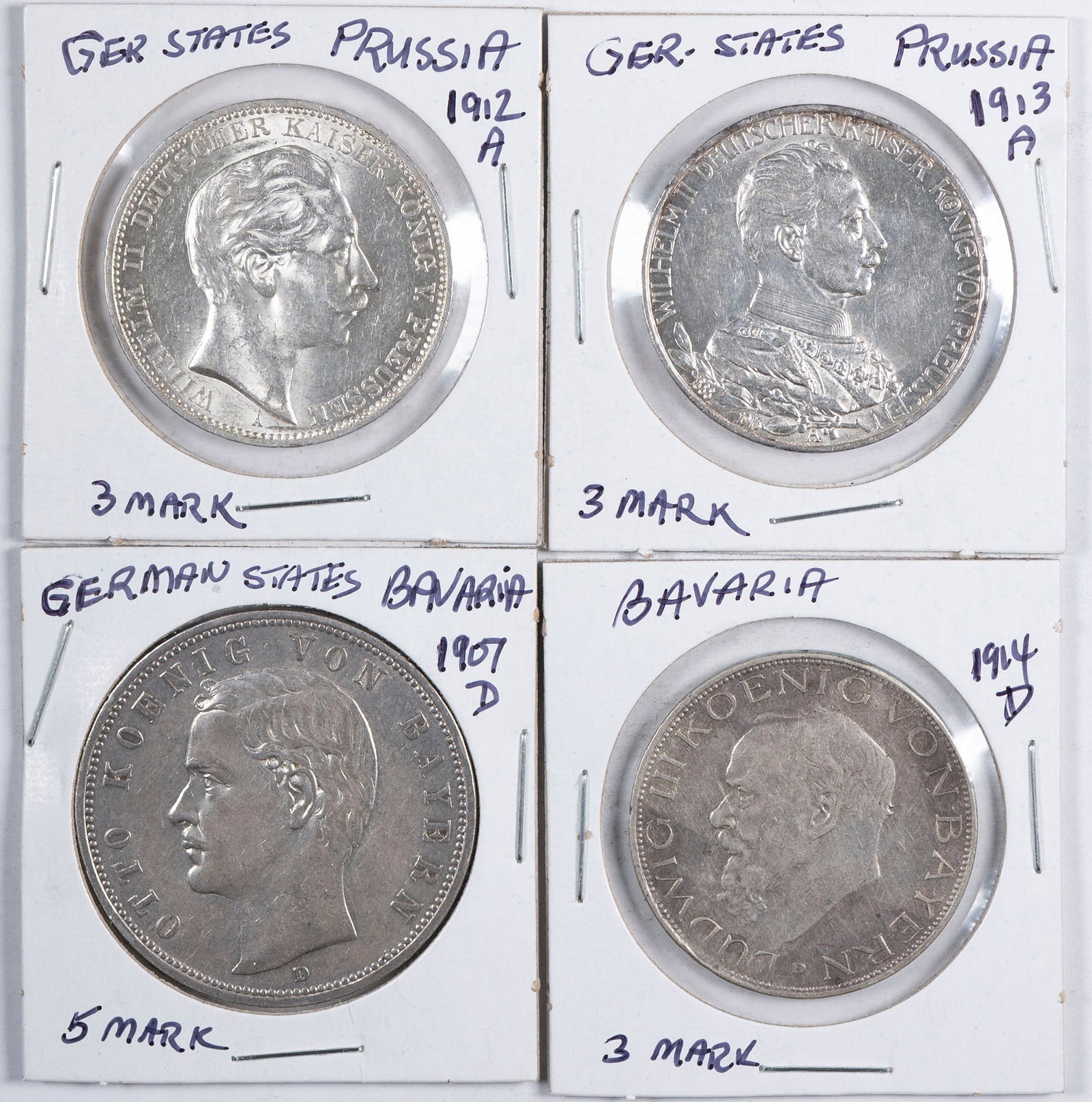 German States. Silver Quartet: Includes 1912-A Prussia 3 Marks AU-58, 1913-A Prussia 3 Marks AU-50+, 1914-D Bavaria 3 Marks EF Cleaned & 1907-D Bavaria 5 Marks EF-40+. The lots has a silver weight of 2.25 ounces pure. (Total: 4