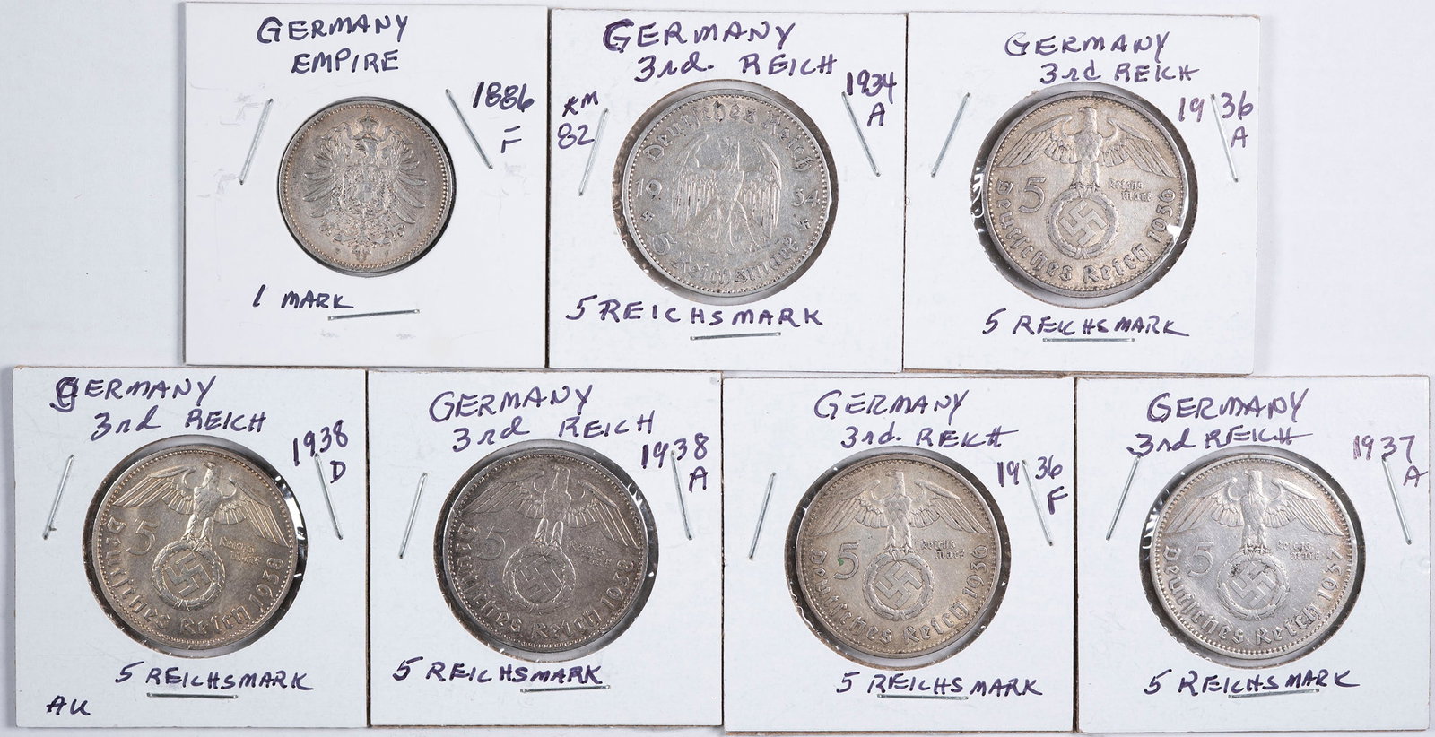 Germany. 7 Piece Silver Lot: Includes 1886-F 1 Mark EF-40+, 1934-A, 1946-A, 1936-F, 1937-F, 1938-A & 1938-D 3 Marks with all grading EF to AU. The lot has a total of 2.57 ounces of pure silver. (Total: 7 pcs)