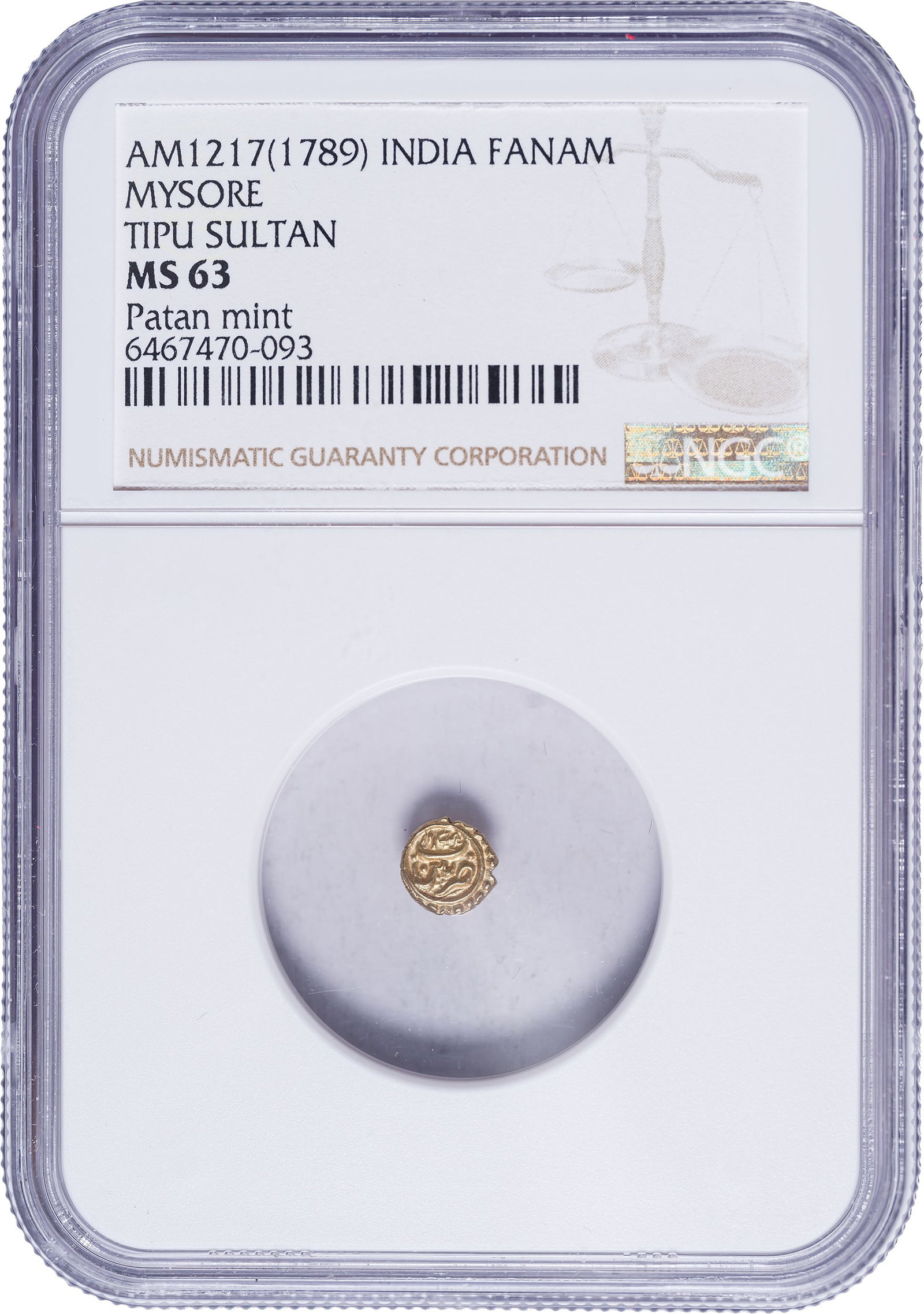 India. Mysore. NGC MS-63 1789 Gold Fanam: AM 1217 (1789). Perhaps the tiniest of all gold issues from any corner of the globe. Bright and lustrous.