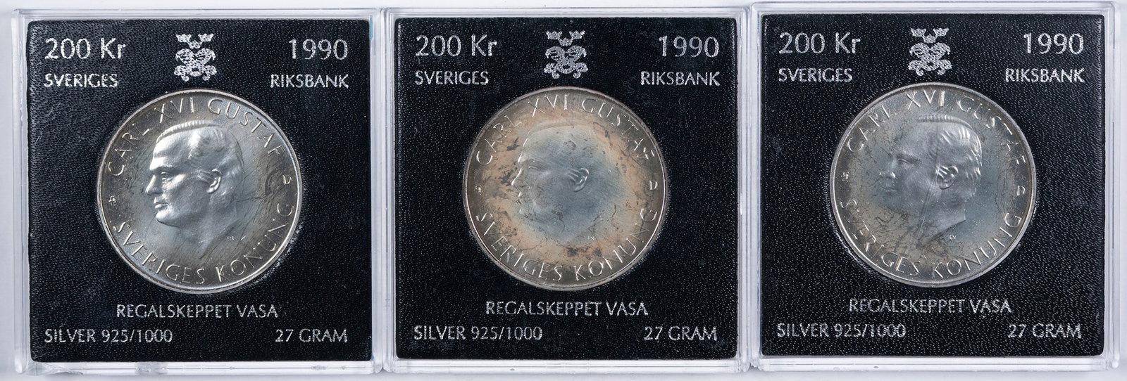 Sweden. 3 Pcs 1990 200 Kronor Silver: Each is struck in .925 fine silver and contains .8039 ounces of pure silver. Hust 50,000 were minted. All are in gem condition and are housed in custom holders. (Total: 3 pcs)