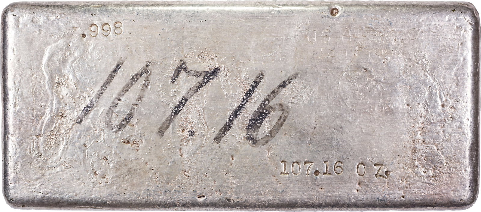 Incredible 107.16 Ounces Poured Silver Grease Bar: Circa 1968. .998 Fineness. 107.16 Ounces silver. These bars were made by the treasury of melted down silver coins which were exchanged for silver certificates. They were so busy making them that at