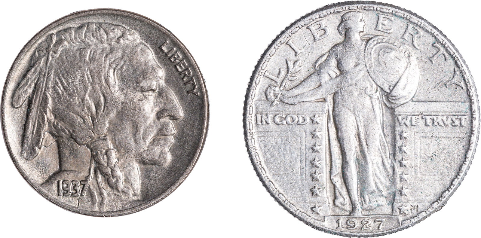 High-Grade Type Duo: Includes: 1937 Buffalo nickel, MS-60, lustrous; and 1927 Standing Liberty quarter, lustrous EF+. (Total: 2 pieces)
