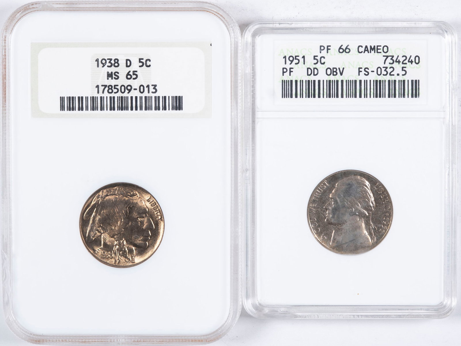 Certified Nickel Duo: Includes a 1938-D Buffalo NGC MS-65 Housed in an earlier (though chipped) NGC holder and an ANACS Proof-66 Cameo Double Die obverse Jefferson Nickel. (Total: 2 pcs)