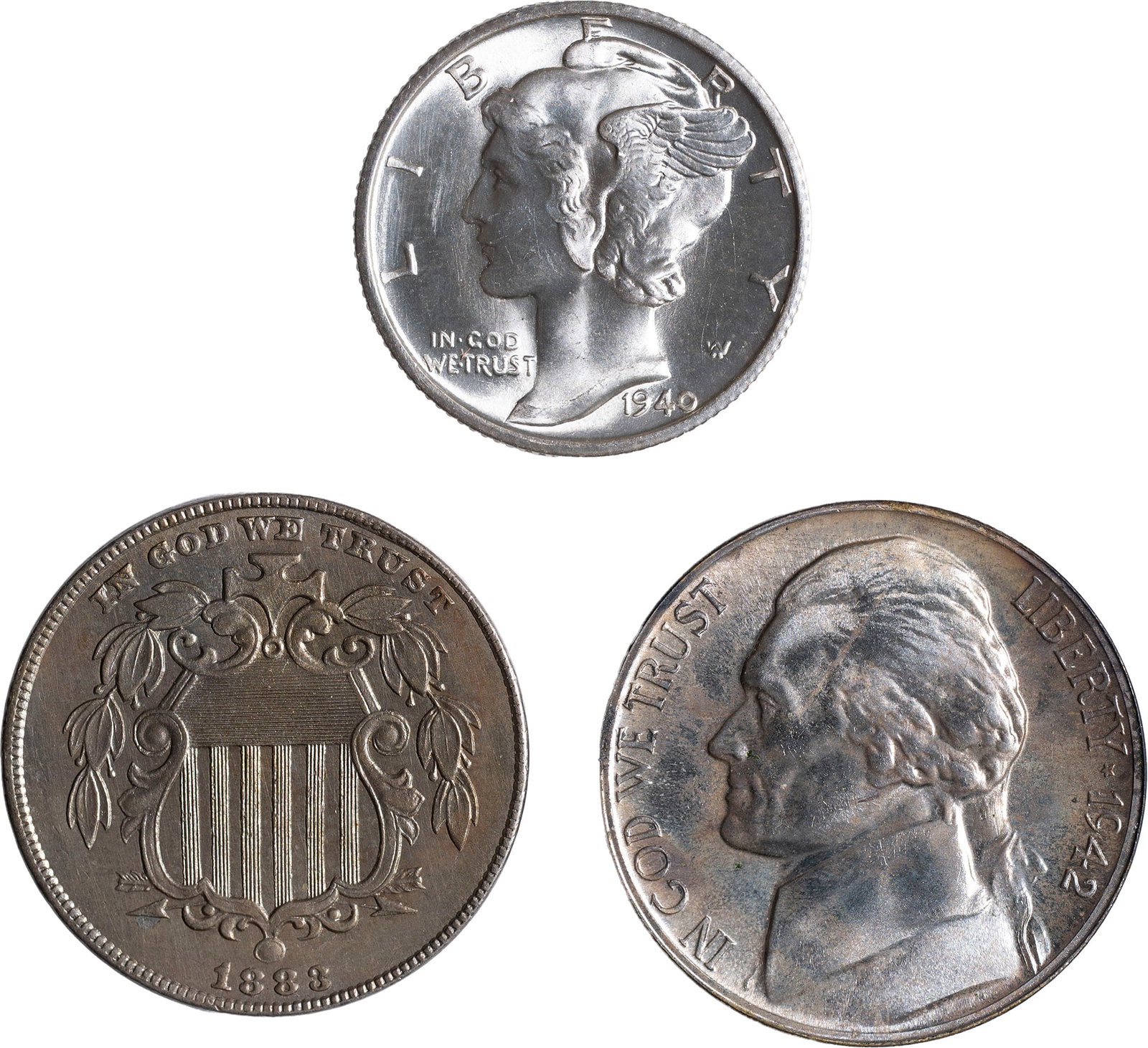 Worthwhile U.S. Coin Trio: Includes an 1883 Shield Nickel UNC details lightly cleaned, 1942-P Proof-64 war nickel and a 1940-D Mercury Dime Ex Bowers & Ruddy MS-65 SB though probably a point finer by todays standards. (Total:
