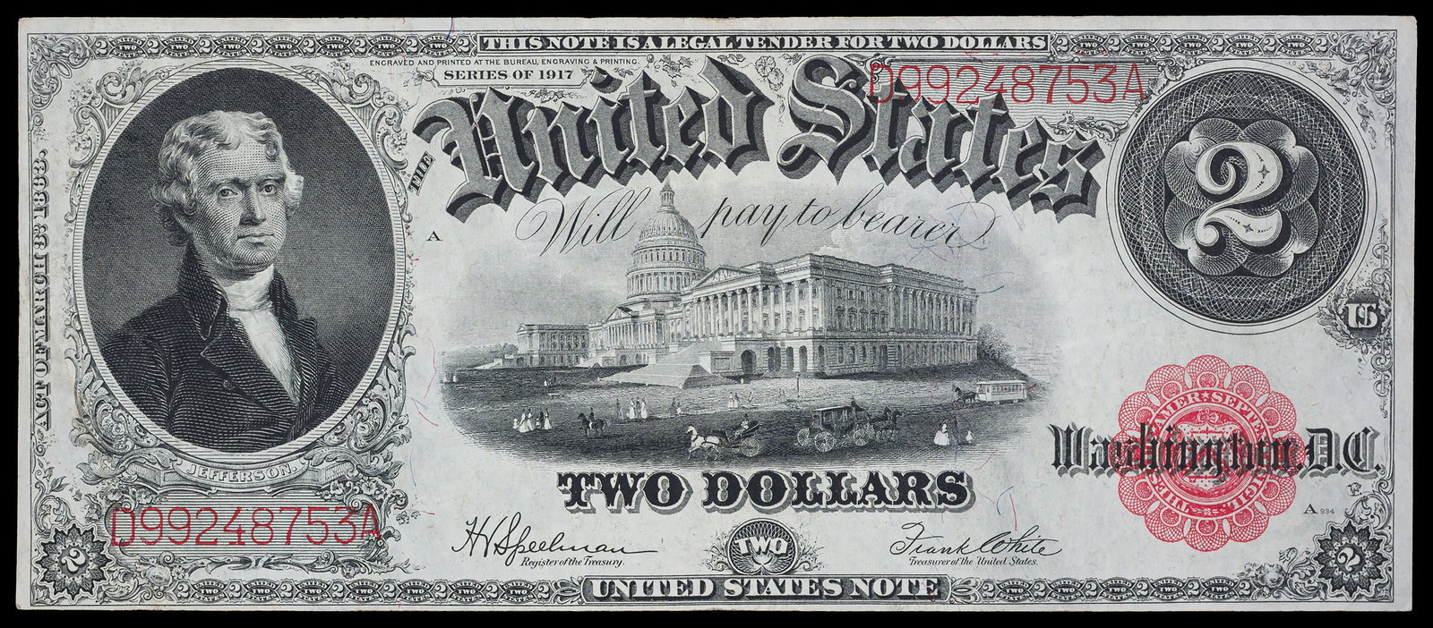 VF+ 1917 $2 Legal Tender Note: Jefferson portrait. Crisp for the grade, not heavily circulated, and choice overall in all categories. A virtual twin to a similar note offered herein.