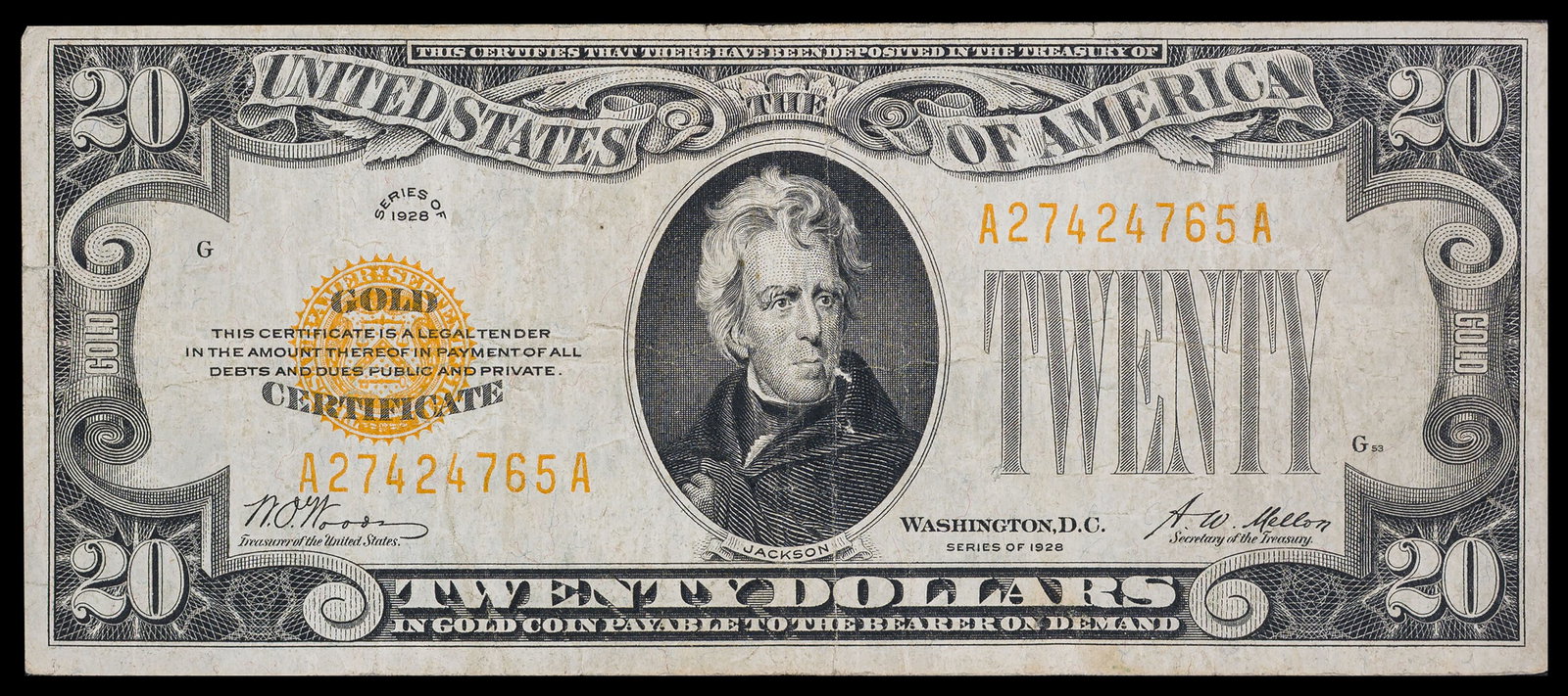 VF 1928 $20 Gold Certificate: Creases in both directions, ink still bright and bold throughout.