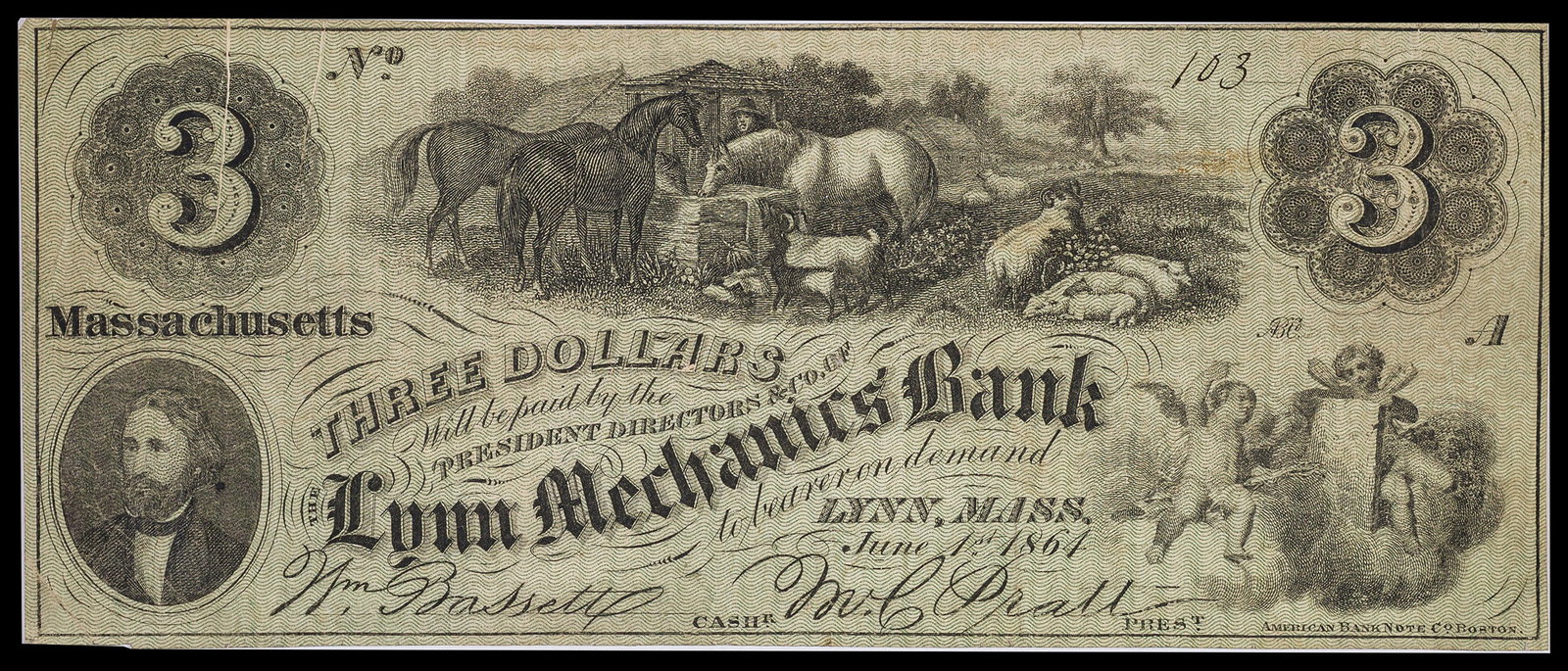 Massachusetts. VF 1864 $3 Obsolete Note: Lynn. Lynn Mechanics' Bank. Green face, plain back. Possibly a spurious issue, but highly collectable either way. Serial No. 103.