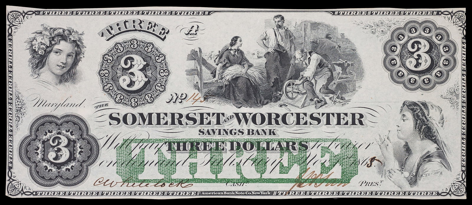 Massachusetts. AU+ 1865 $3 Obsolete Note (1 of 2)