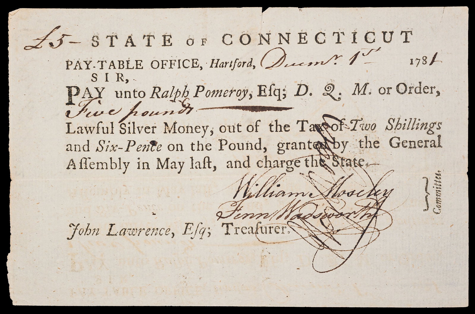 Connecticut. EF 1781 Pay-Table Document (1 of 2)