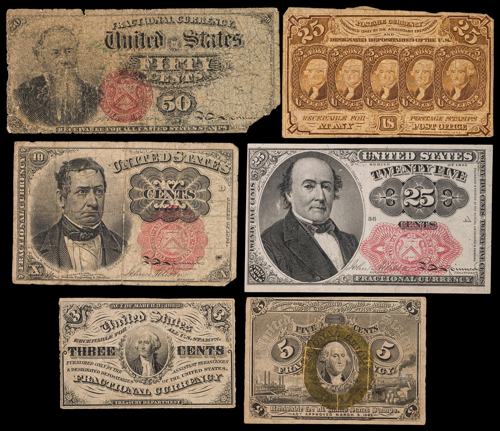 Fractional Currency. Half Dozen Fine-VF Notes (1 of 2)