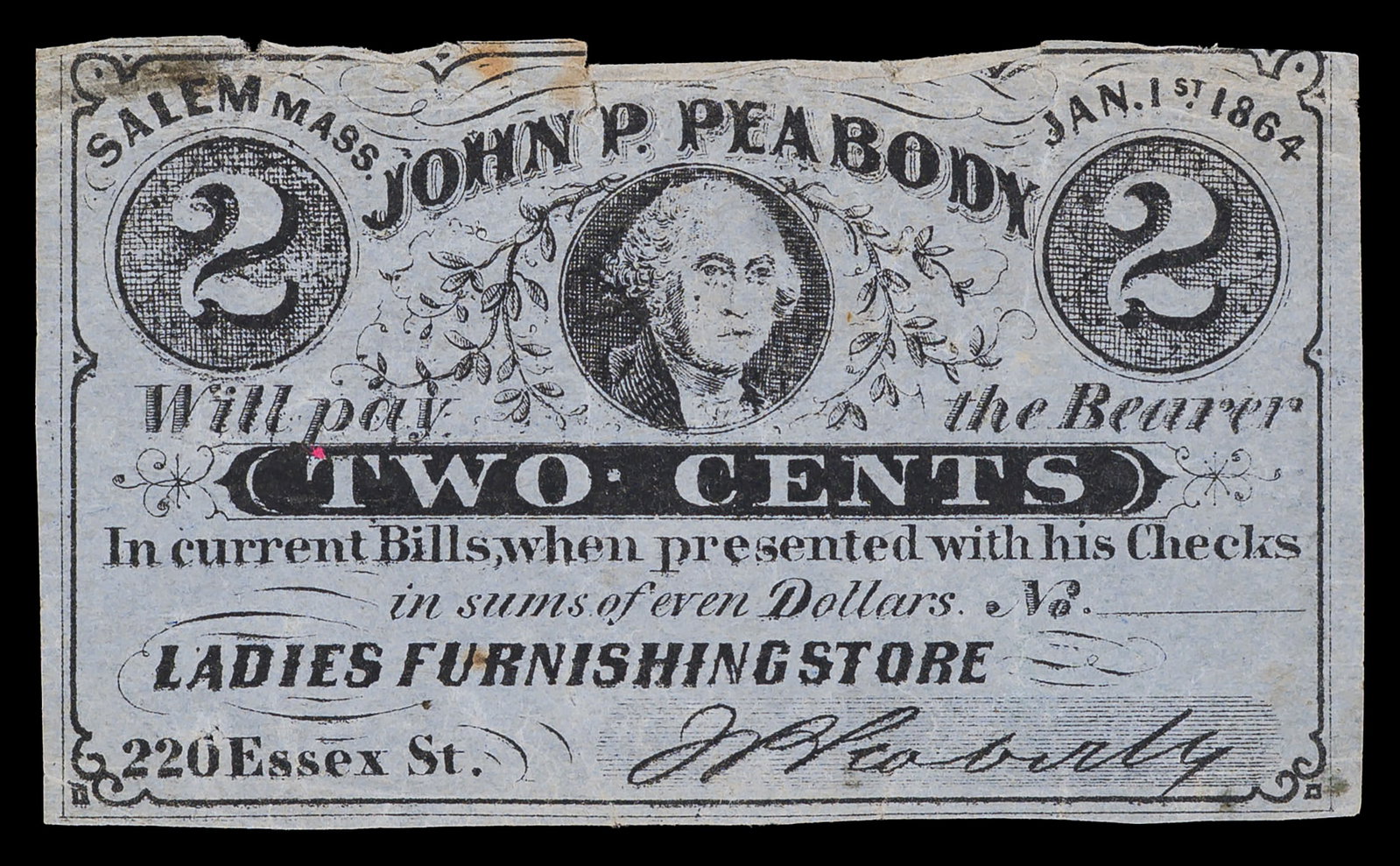 Salem Massachusetts. VF 1864 Two-Cents Merchant's Scrip (1 of 2)