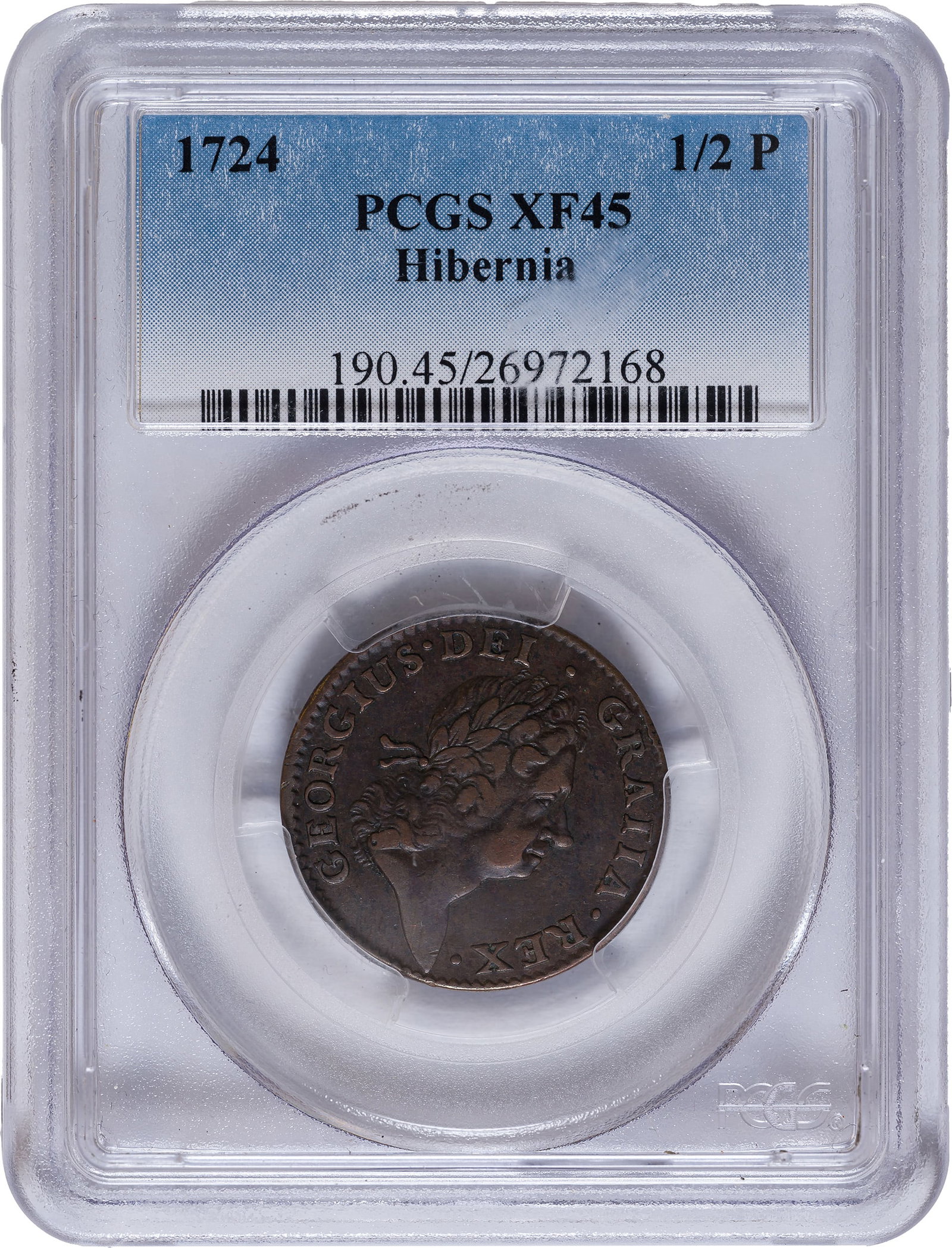 PCGS EF-45 1724 Wood's Hibernia Copper: 11 Harp Strings. Fairly hard and sound chocolate brown surfaces. Large die crack at 17 in date. Scarcer than its 1723 counterparts.
