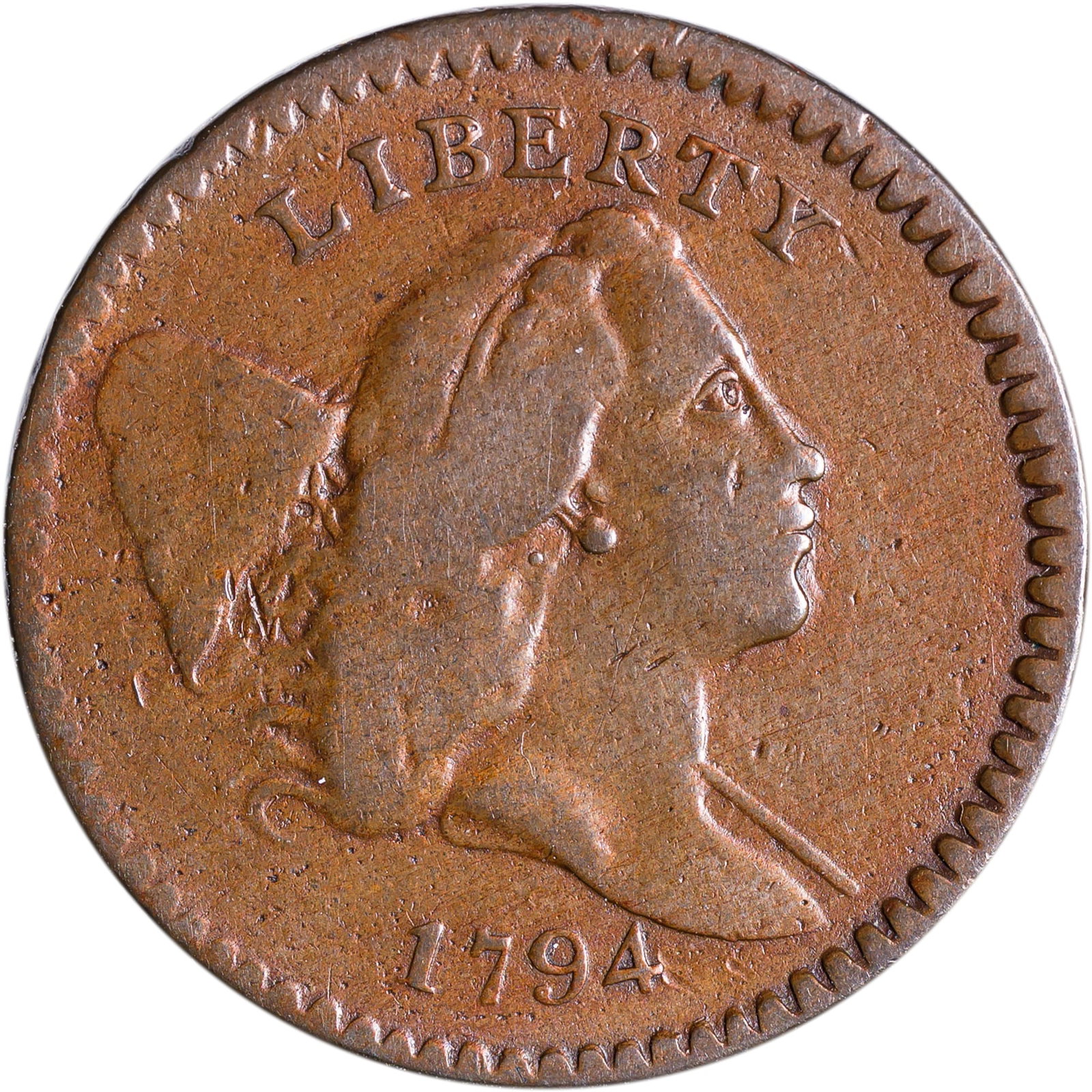 VF-20 1794 Half Cent: Somewhat glossy golden-red surfaces, old reverse scratches at center. Nice details throughout.
