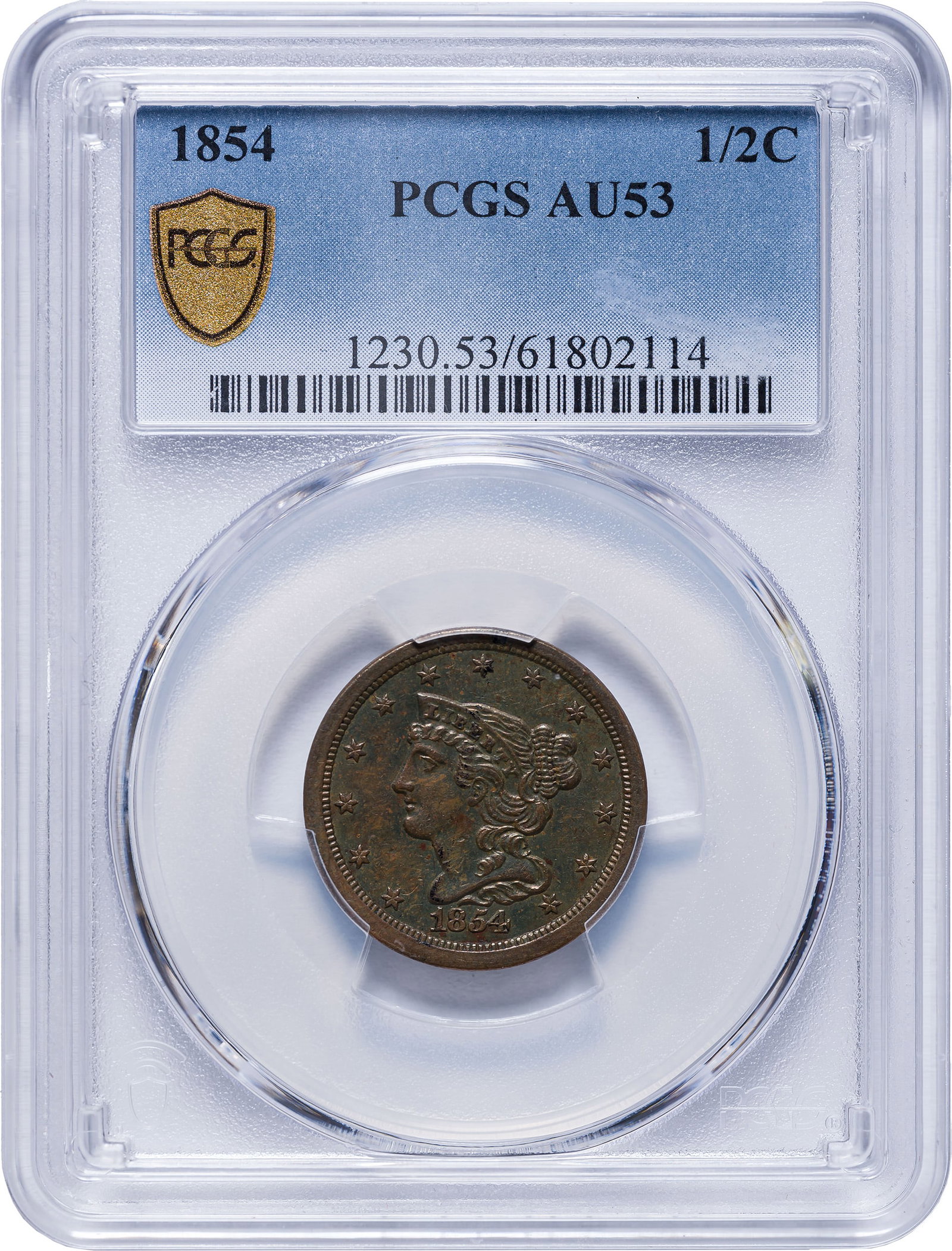 PCGS AU-53 1854 Half Cent: Glossy deep golden-brown surfaces.