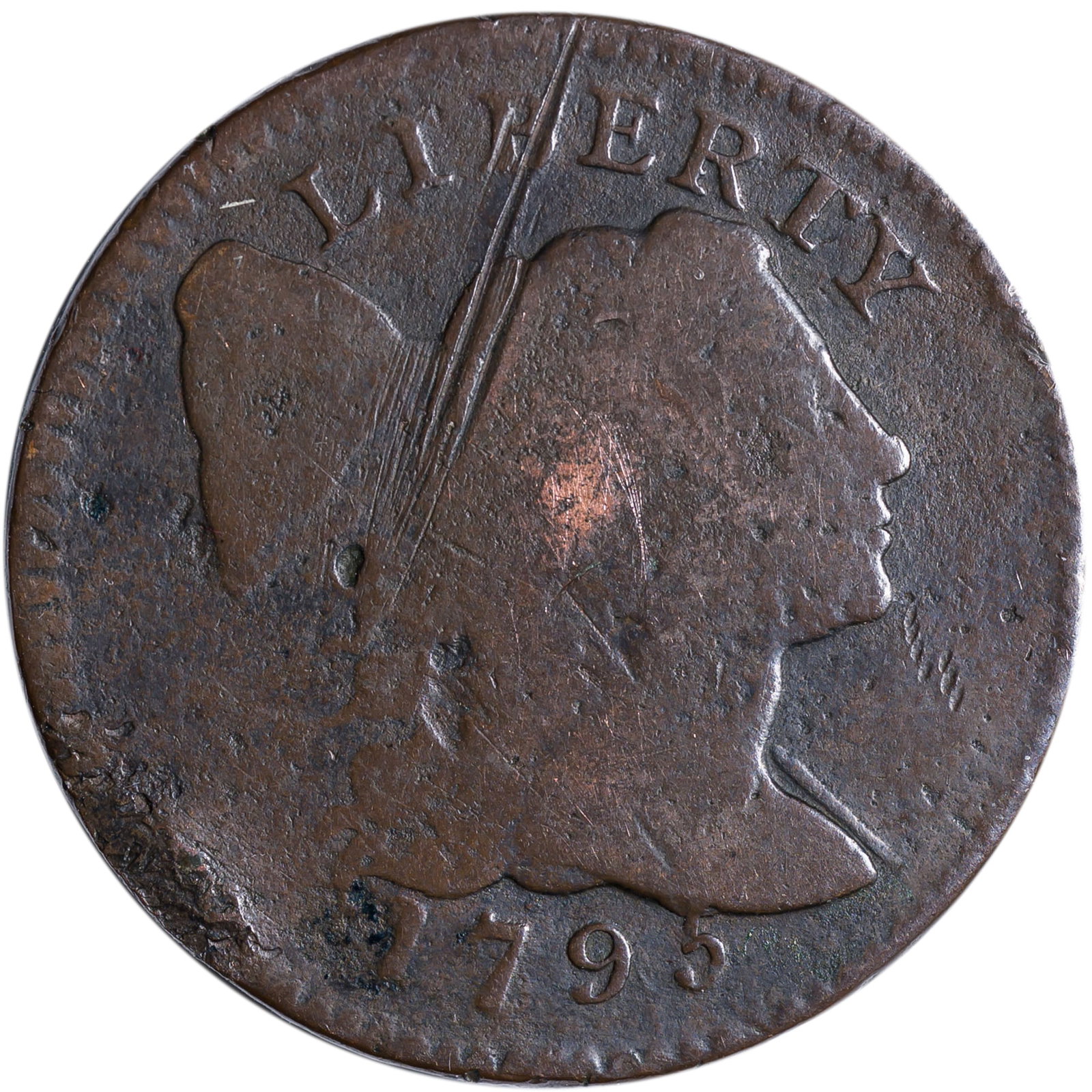 VG Details 1795 Lettered Edge Large Cent: Shows a noticeable rim bump as well as a couple of older obverse scratches. Mostly medium brown. Scarce