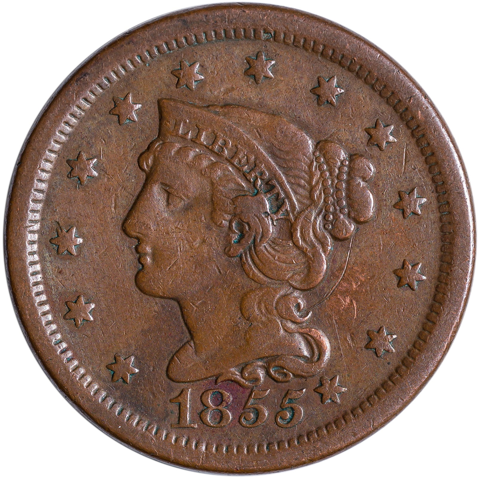 VF Details 1855 Knob on Ear Large Cent (1 of 2)