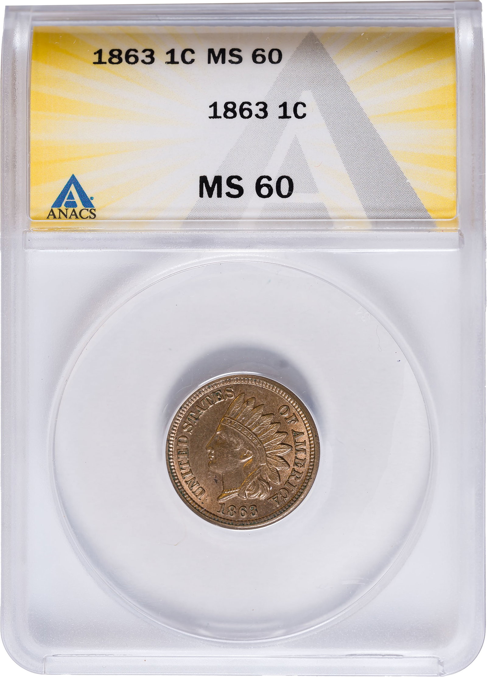 ANACS MS-60 1863 Indian Cent: Bright, sharp, and lustrous. A toning spot is seen in the field under Liberty's chin.