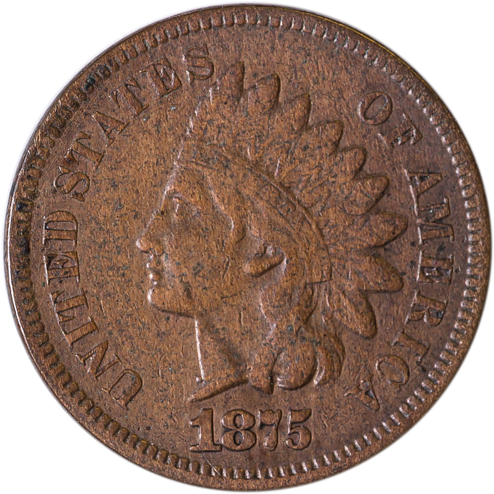 EF-40 Details 1875 Indian Cent: Medium brown with evidence of a past cleaning.