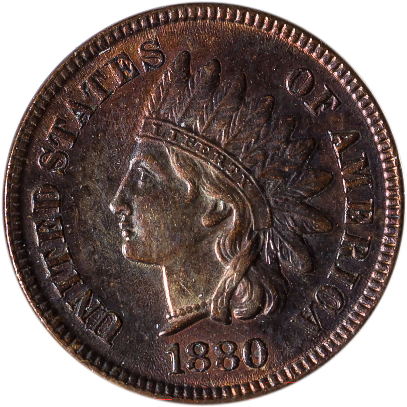 MS-63 RB 1880 Indian Cent: Satiny golden-red surfaces offer a near-cameo appearance.
