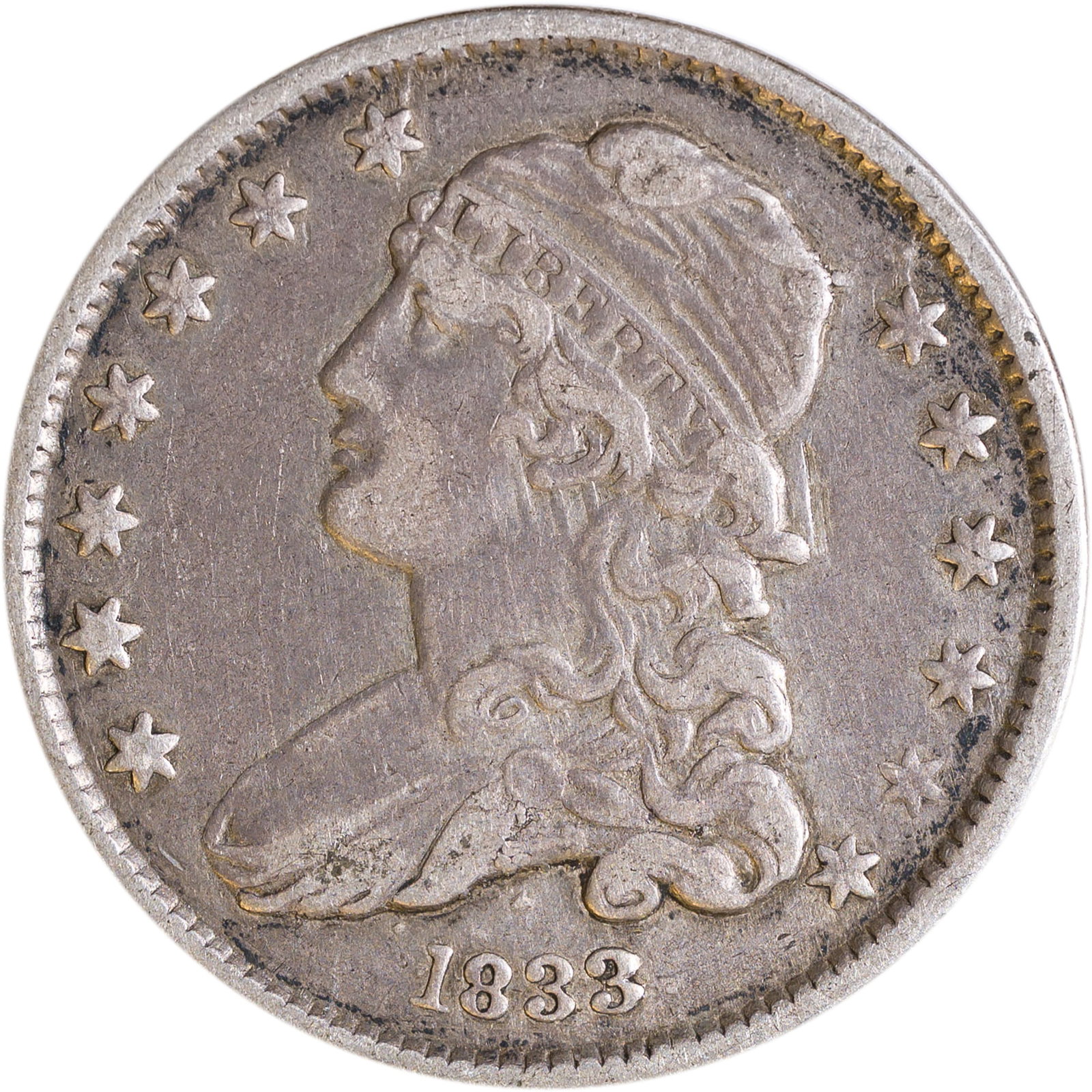 VF-20 1833 Capped Bust Quarter: The medium silver-gray surfaces are strictly original and problem-free. Choice for the grade.