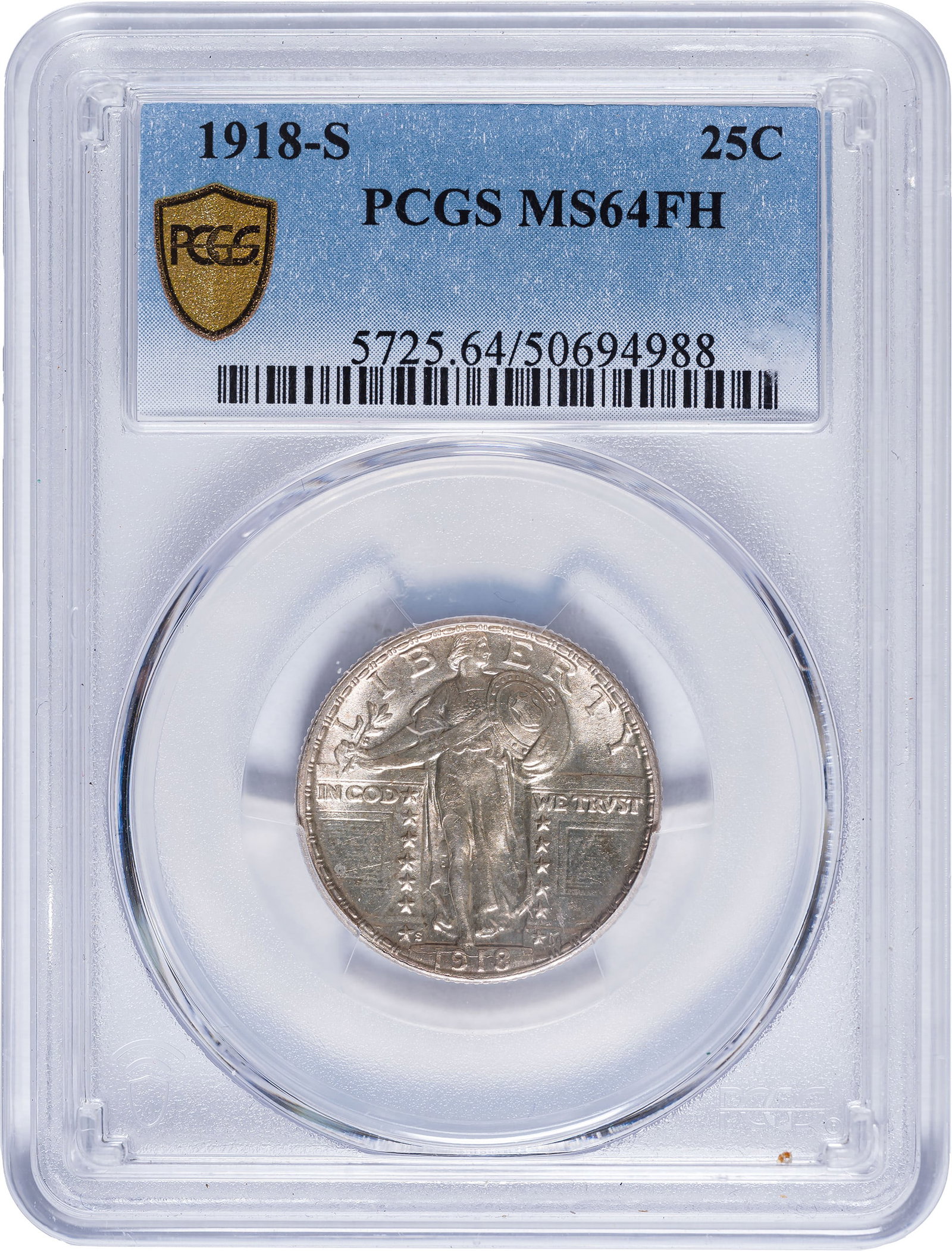 PCGS MS-64 FH 1918-S Quarter: Boldly brilliant, sharply struck, and intensely lustrous with every tiny detail fresh and crisply presented. Add a whisper of champagne-gold iridescence throughout, and the enchanting picture is compl