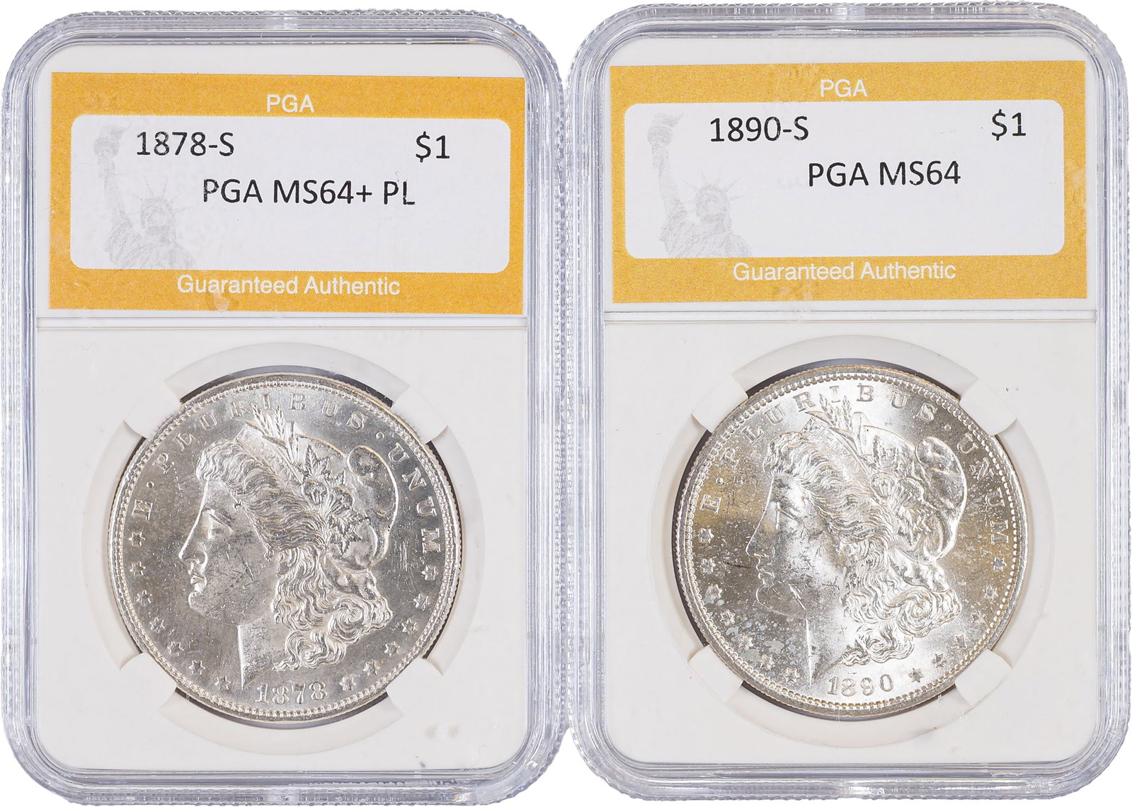 Mint State Morgan Dollar Pair: Includes 1878-S & 1890-S. Both grade MS-60 or slightly finer though both are in generic certified holders with higher assigned grades. (Total: 2 pcs)