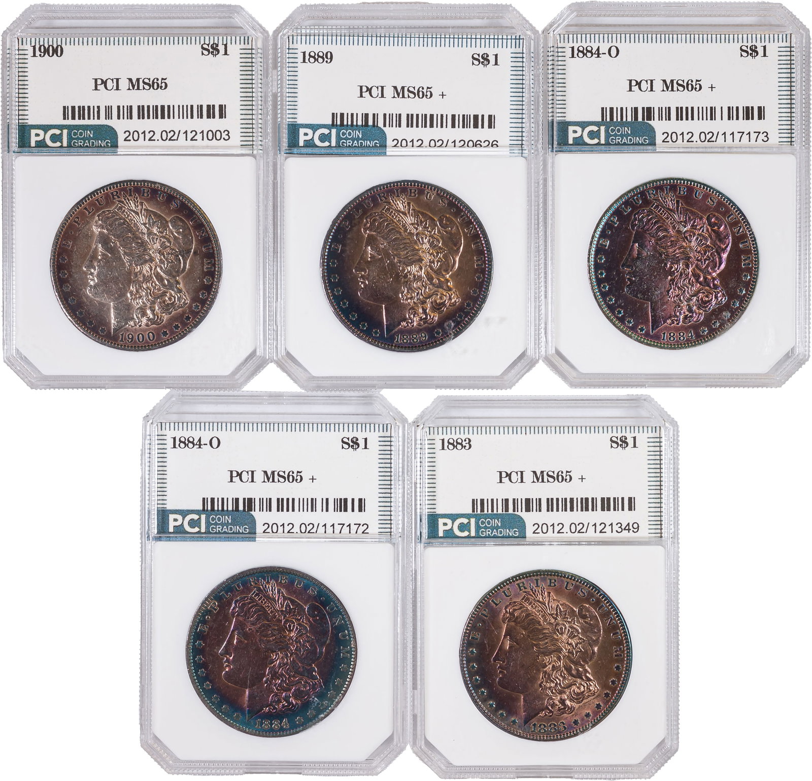 5 Pieces AU Morgan Dollars: Includes (2) 1884-O, 1883, 1889 & 1900.. All grade AU-50 or finer but are housed in generic certified holders with grades as high as MS-66. All are toned. (Total: 5 pcs)