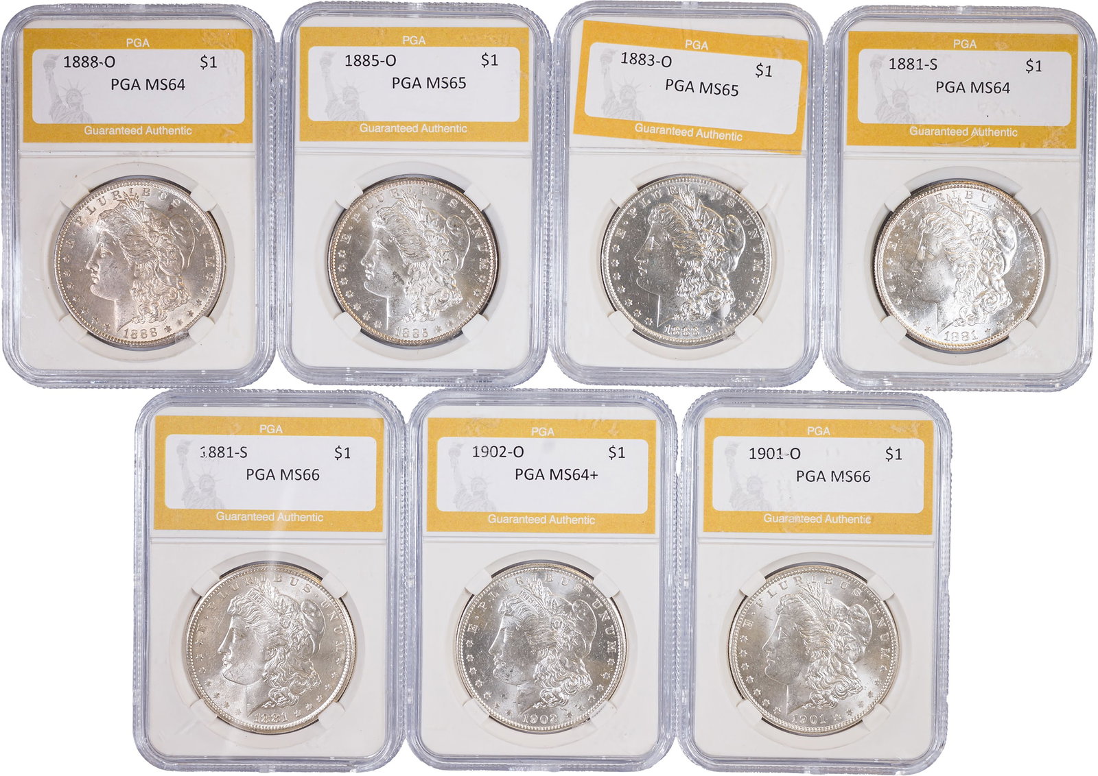 7 Pieces Mint State Morgan Dollars: Includes (2) 1881-S, 1883-O, 1885-O, 1888-O, 1901-O & 1902-O. Grades range from MS-60 to MS-63. All are housed in generic certified holders with higher grades. (Total: 7 pcs)