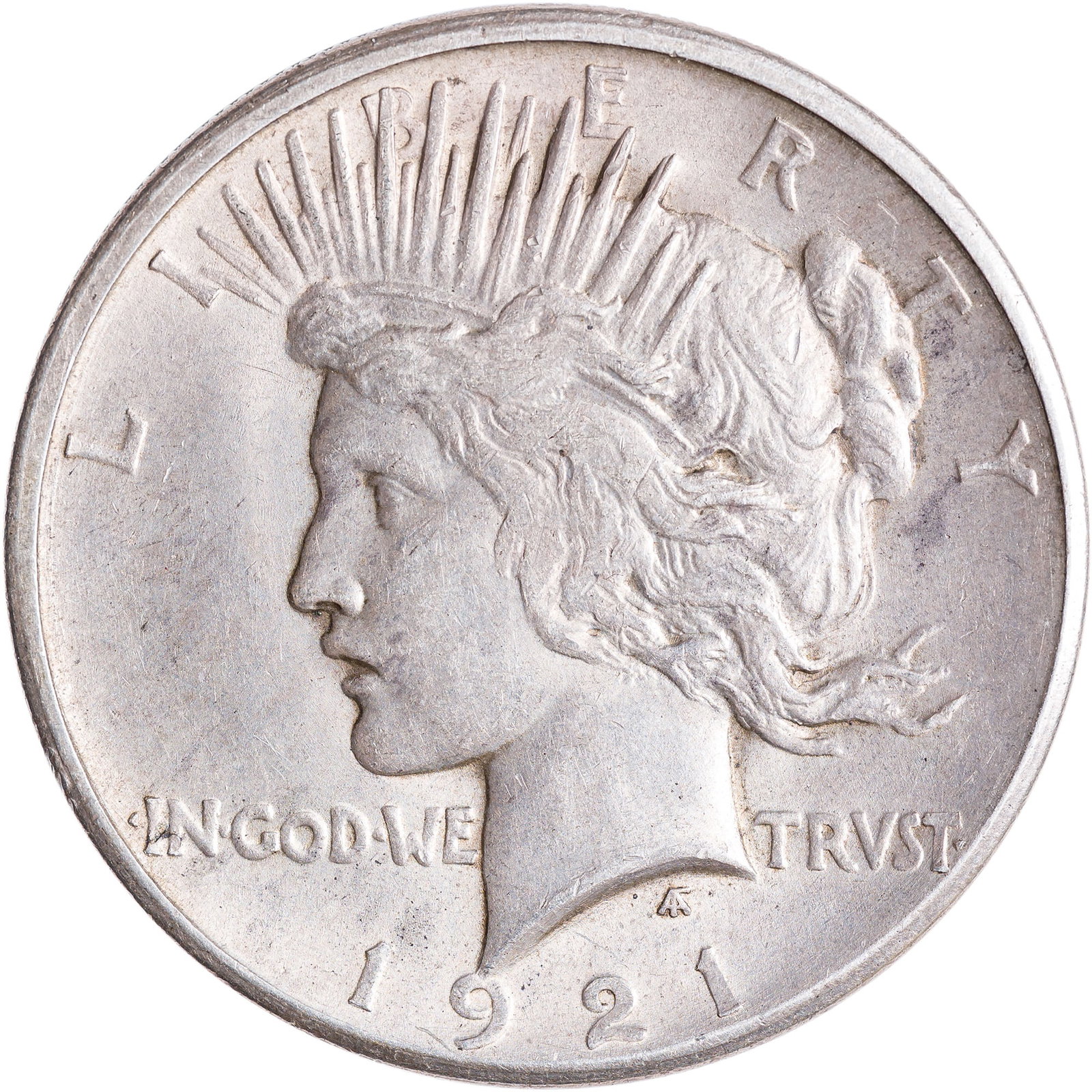 AU-58 1921 Peace Dollar: Frosty, golden, and strictly original surfaces with lively underlying luster.
