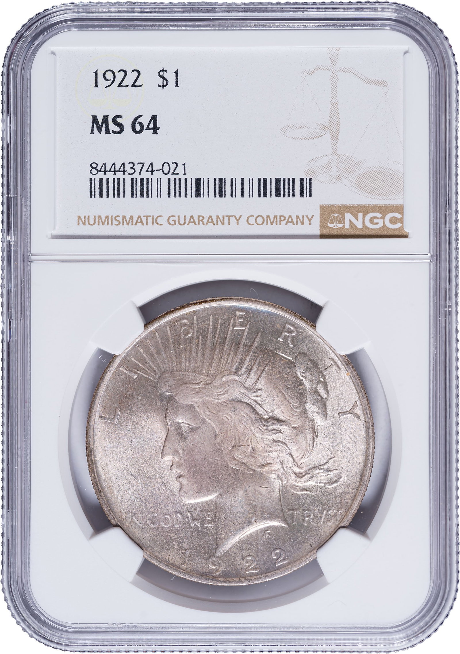 NGC MS-64 1922 Peace Dollar: Frosty and lustrous with pale golden iridescence throughout. PQ!