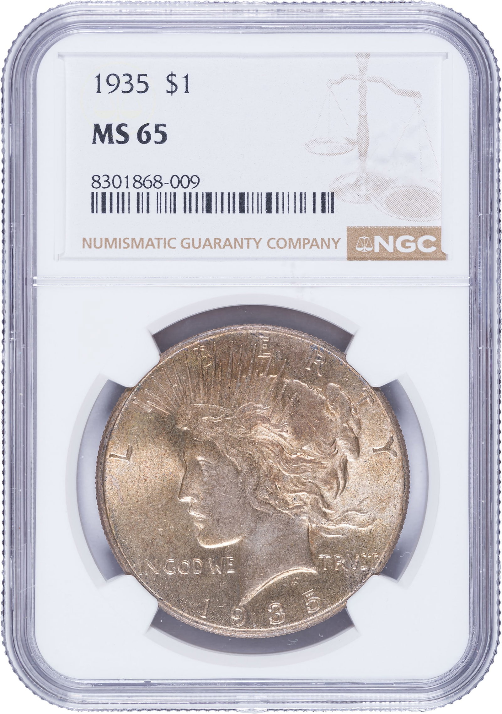 NGC MS-65 1935 Peace Dollar: A lustrous gem that shows a light to moderate golden tone. An excellent mate to the 1935-S offered next.