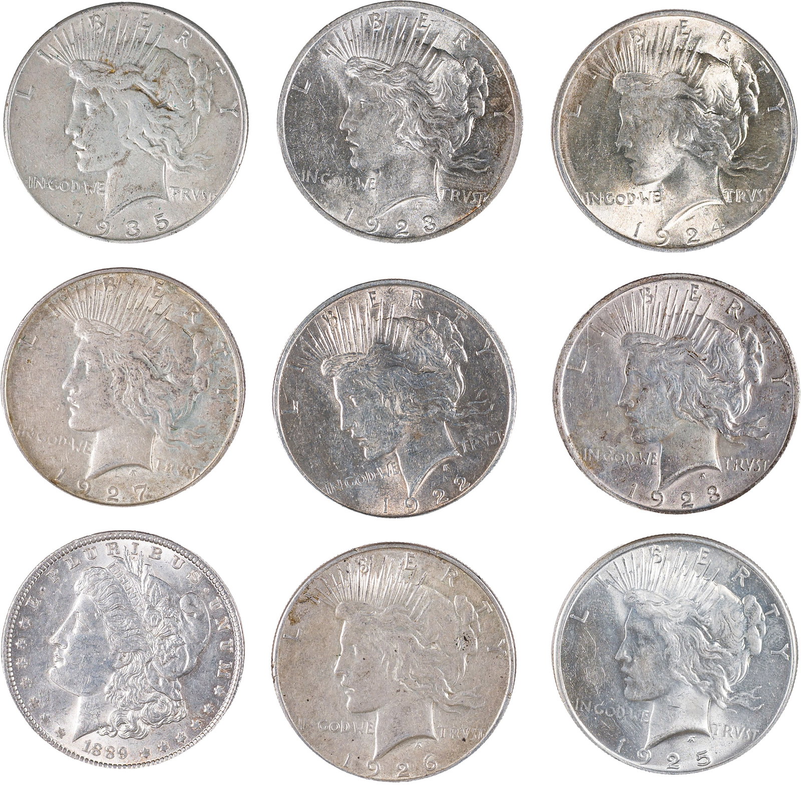9 Pieces Mixed Morgan And Peace Dollars (1 of 2)