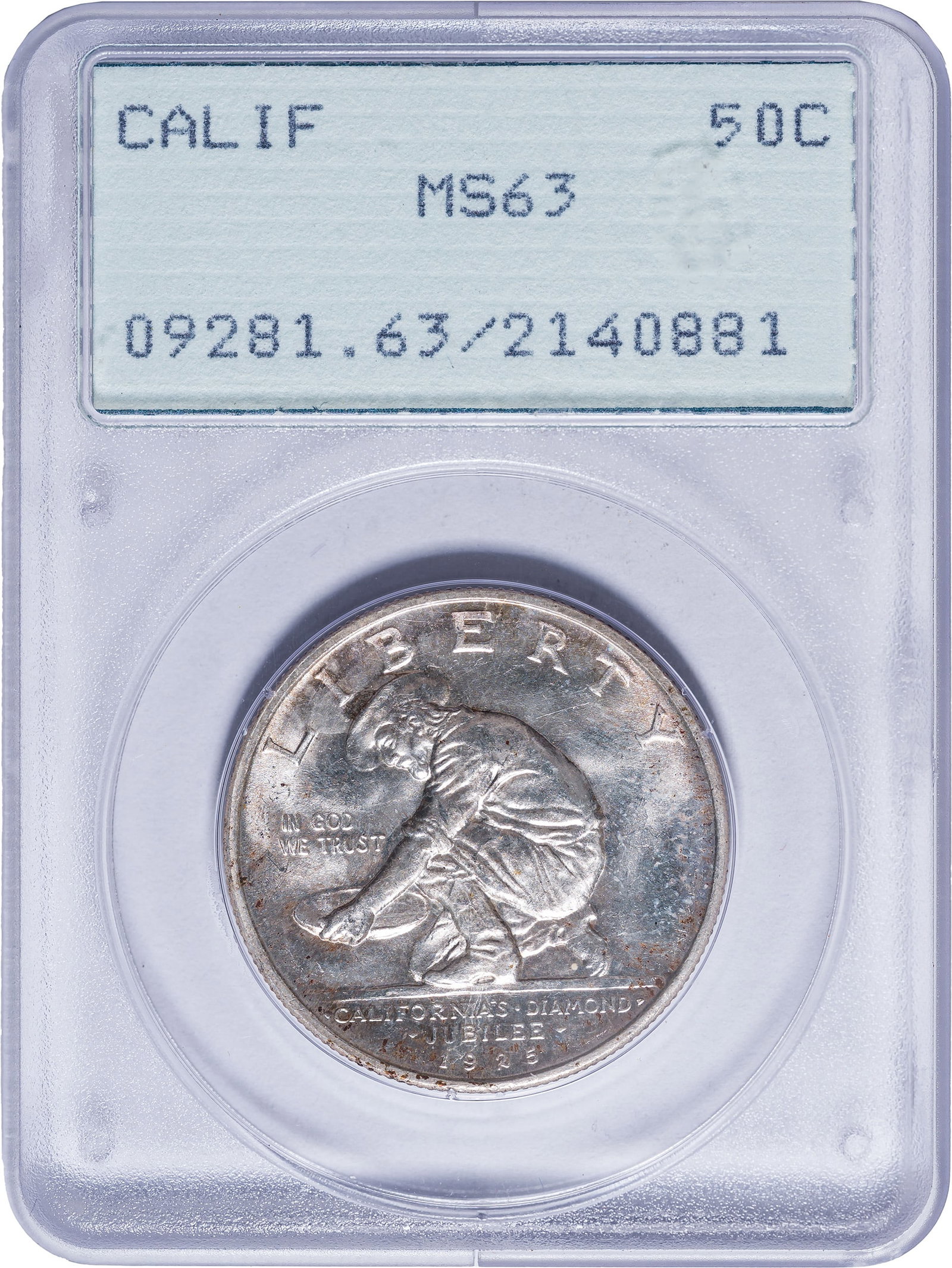 PCGS MS-63 1925-S California Jubilee Half Dollar: Sharp, bright, and lustrous, with a whisper of golden toning throughout. In an old-style green label PCGS "Rattler" holder.