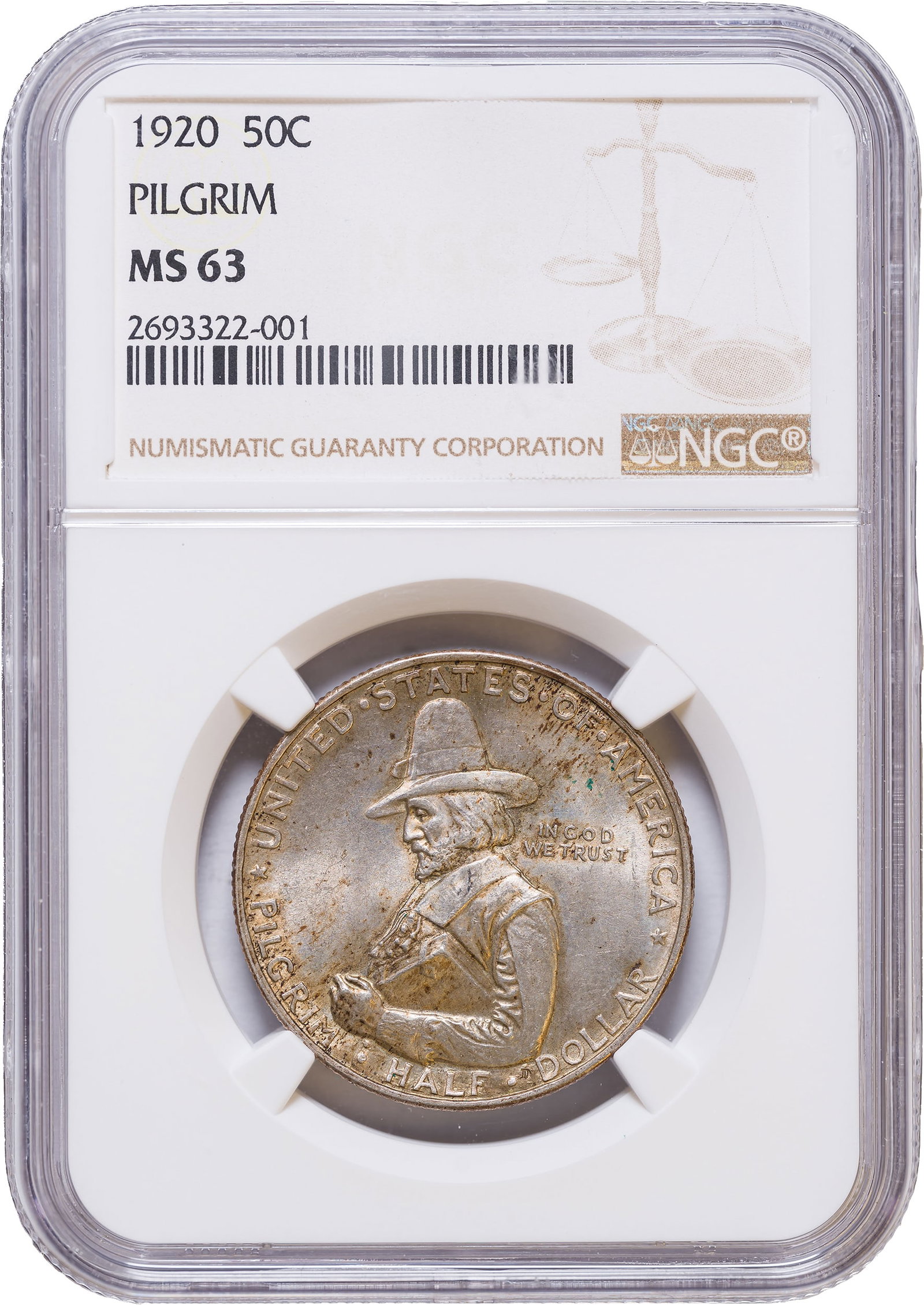 NGC MS-63 Pilgrim Half Dollar: Deeply lustrous with a light golden tone.