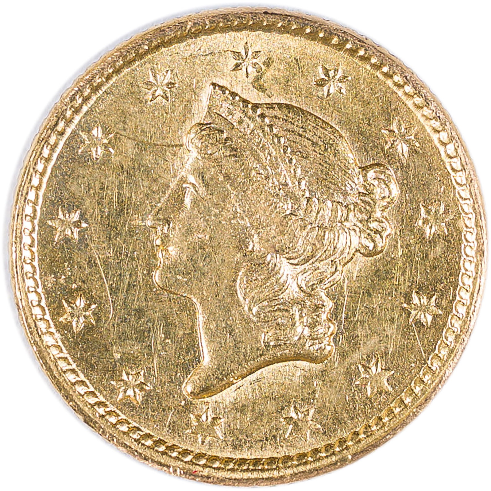AU-58 Details 1851 $1 Gold: Sharp, bright, and lustrous, with a pale olive glow. Old and not too obvious obverse scratch.