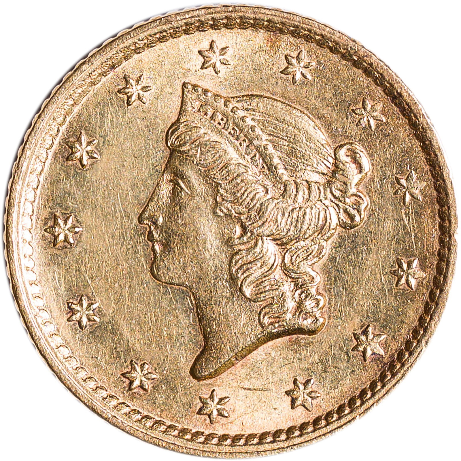 MS-60+ 1854 Type I $1 Gold: Bright and lustrous, with rich golden-orange highlights throughout.