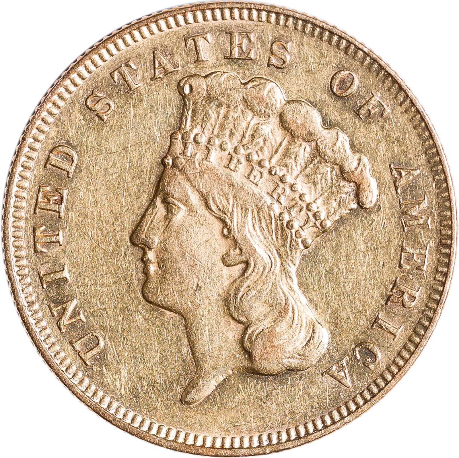 AU-55 1878 $3 Gold: Bright and lustrous honey-gold surfaces offer some olive iridescence. A few pocket-change hairlines and a a tiny mark below the reverse wreath are all that stand between this and perfection for the gr