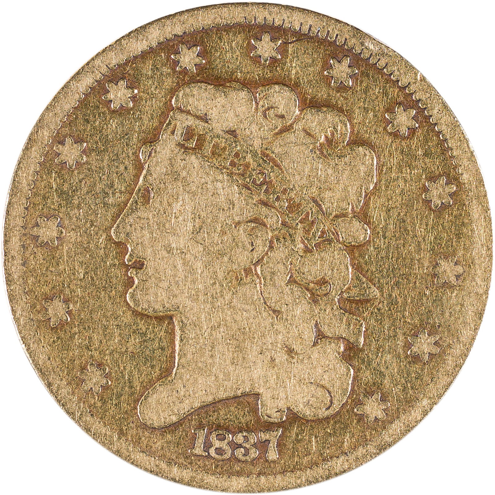 VG-8 1837 Classic Head $5 Gold: Well-worn but not egregiously marked deep yellow-gold surfaces with some orange highlights in the protected areas.