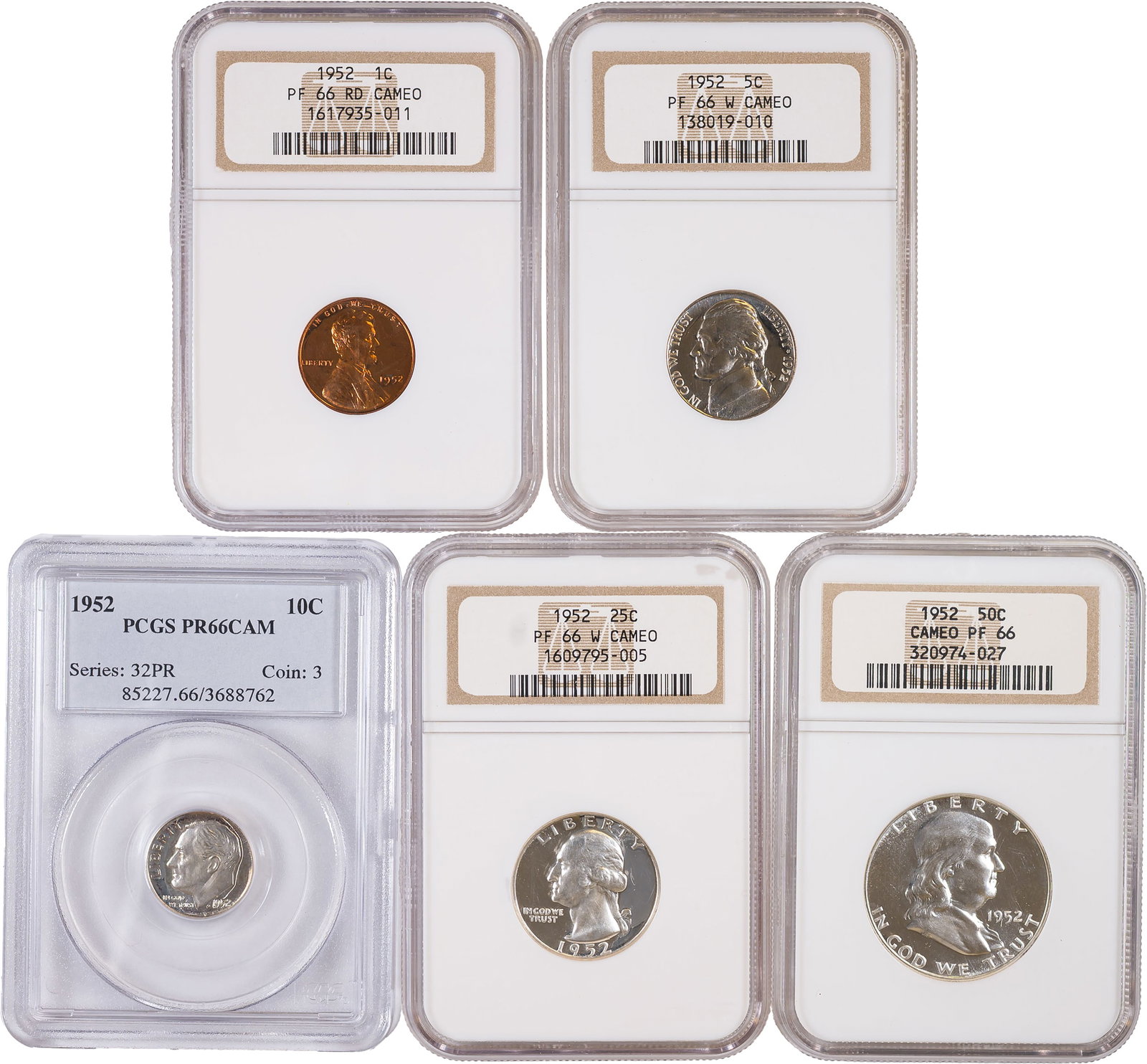 Certified Gem Cameo 1952 Proof Set: All with CAMEO designations! Includes: Cent, NGC Proof-66 RD; Nickel, NGC Proof-66, "White;" Dime, PCGS Proof-66; Quarter, NGC Proof-66 "White;" and Half Dollar, NGC Proof-66. (Total: 5 pieces)