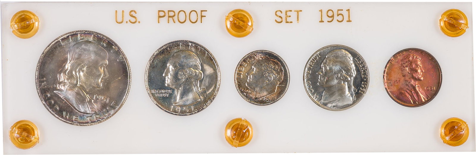 Gem 1951 Proof Set: All coins with varied toning highlights, especially the silver pieces. In custom plastic holder. (Total: 5 coins)