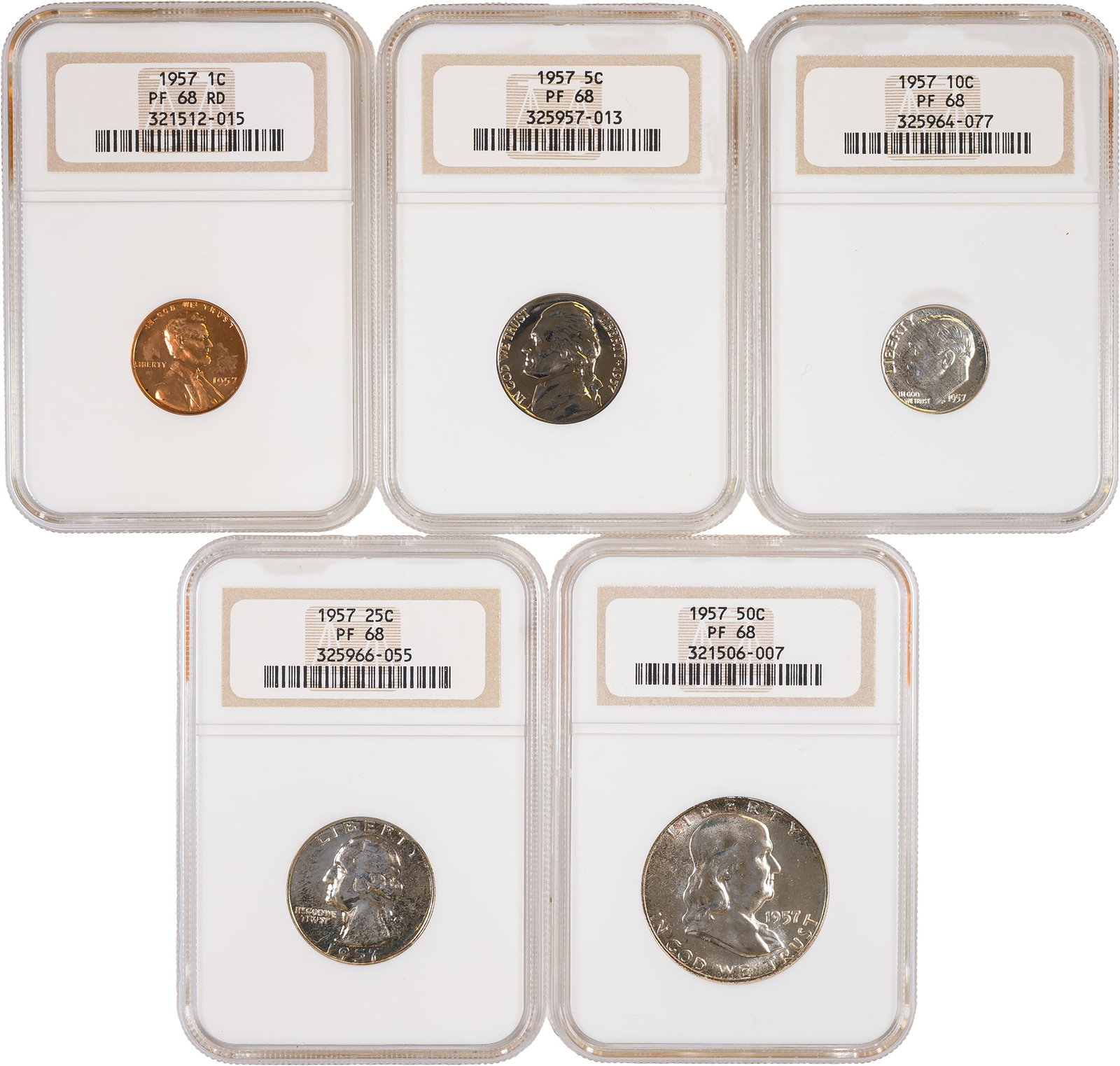 NGC PF-68 Certified 1957 Proof Set: All coins graded Proof-68. The Cent is designated RD though it does show a small spot on the reverse, and the quarter and half dollar offer modest toning highlights at the rims. (Total: 5 pieces)
